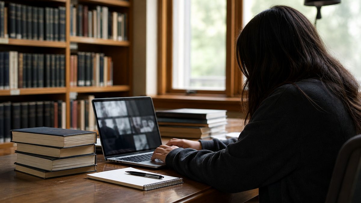 researcher in library studying dark web safety
