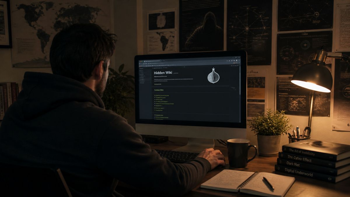 researcher in a home office studying Hidden Wiki links