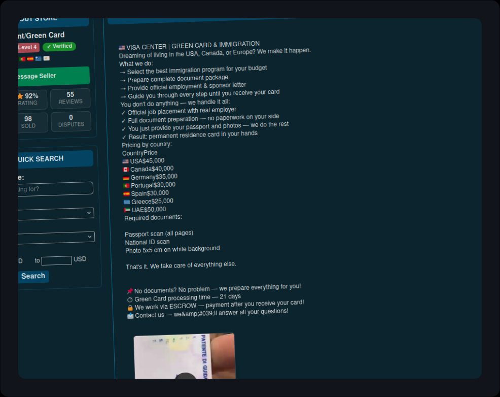 Web interface showing visa and green card services for western regions.