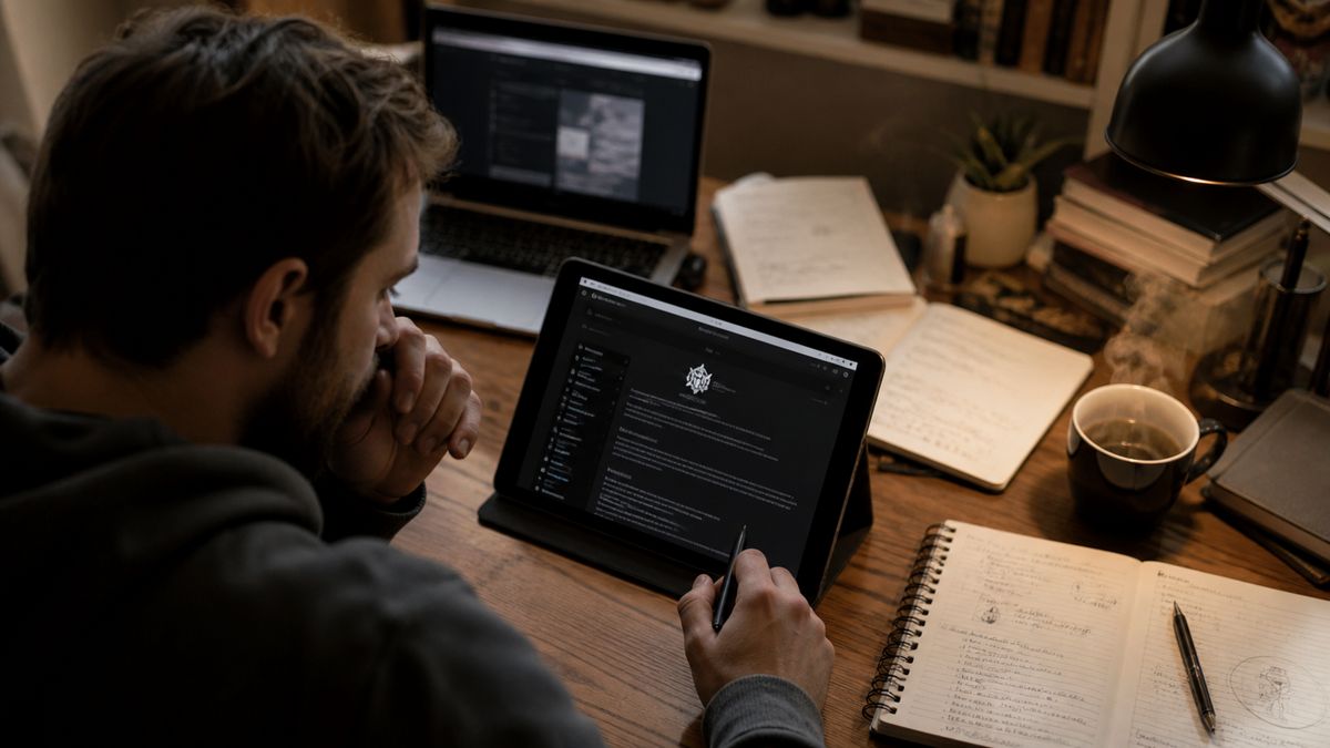 researcher studying Hidden Wiki on a tablet