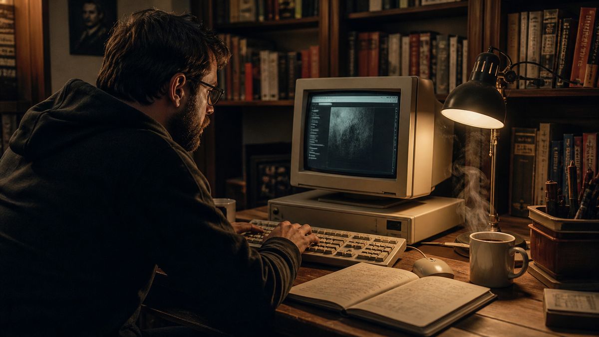 researcher studying Hidden Wiki on a vintage computer