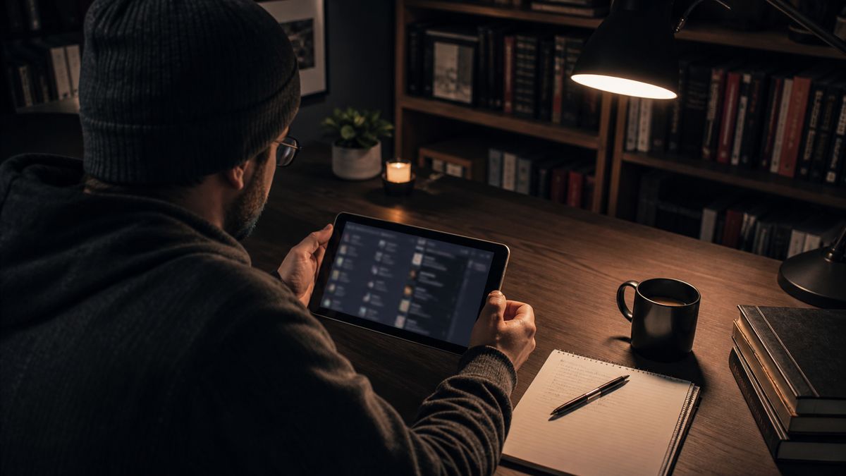 researcher studying dark web directory on tablet