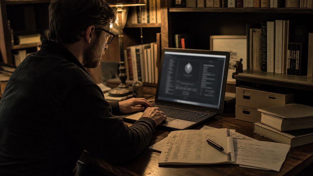 researcher studying Hidden Wiki in a library