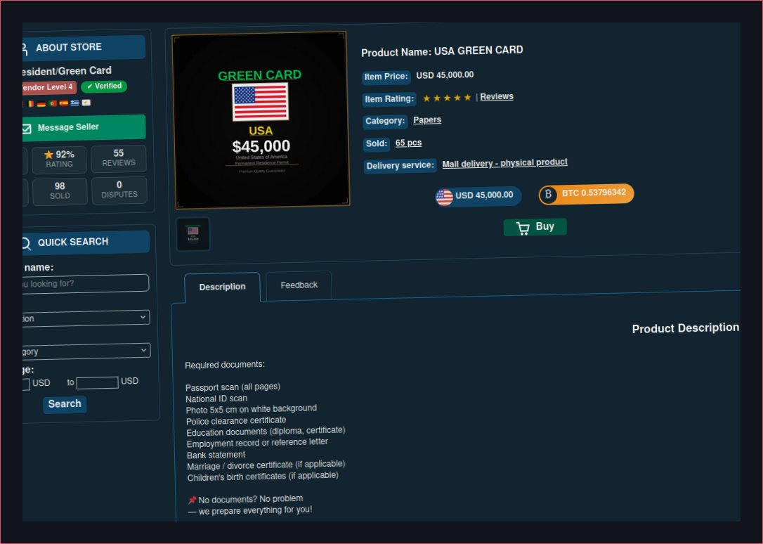 Announcement banner displaying a US green card for sale.