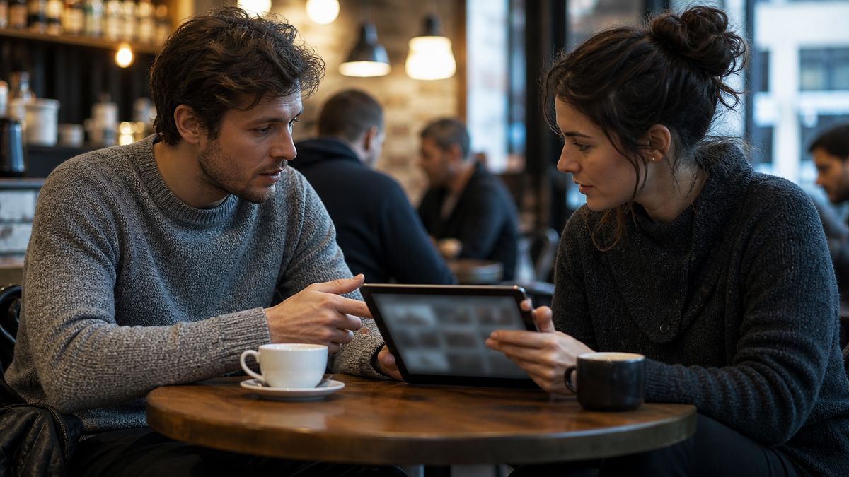 researcher discussing Dark Web insights at a café